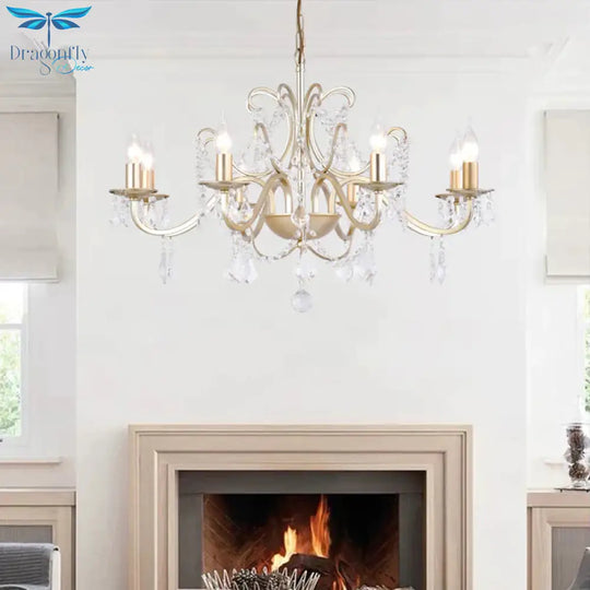 Rustic Curved Arm Chandelier Light Fixture 6/8 Lights Crystal Pendant Lighting In Gold For Bedroom