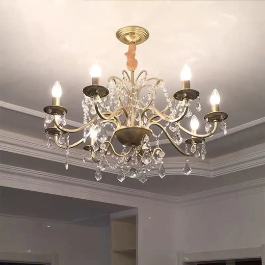 Rustic Curved Arm Chandelier Light Fixture 6/8 Lights Crystal Pendant Lighting In Gold For Bedroom
