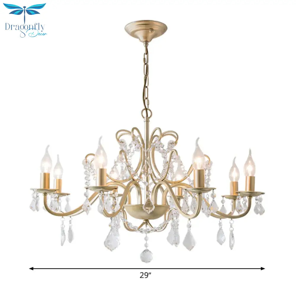 Rustic Curved Arm Chandelier Light Fixture 6/8 Lights Crystal Pendant Lighting In Gold For Bedroom