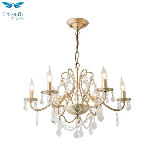 Rustic Curved Arm Chandelier Light Fixture 6/8 Lights Crystal Pendant Lighting In Gold For Bedroom