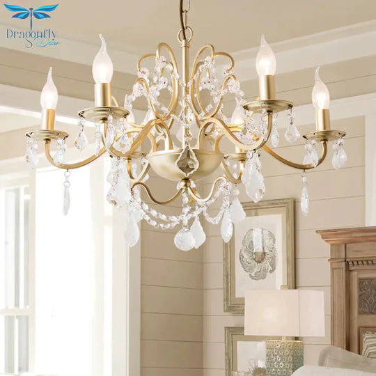 Rustic Curved Arm Chandelier Light Fixture 6/8 Lights Crystal Pendant Lighting In Gold For Bedroom