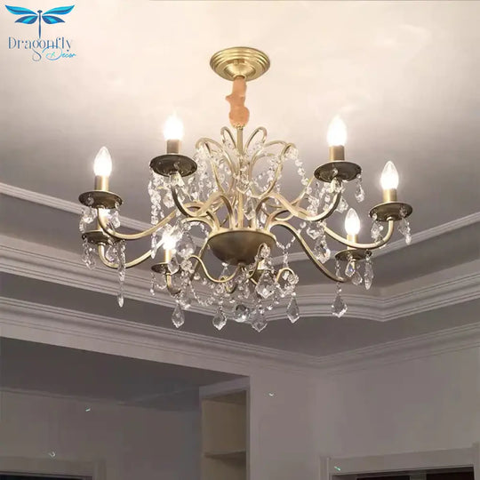Rustic Curved Arm Chandelier Light Fixture 6/8 Lights Crystal Pendant Lighting In Gold For Bedroom