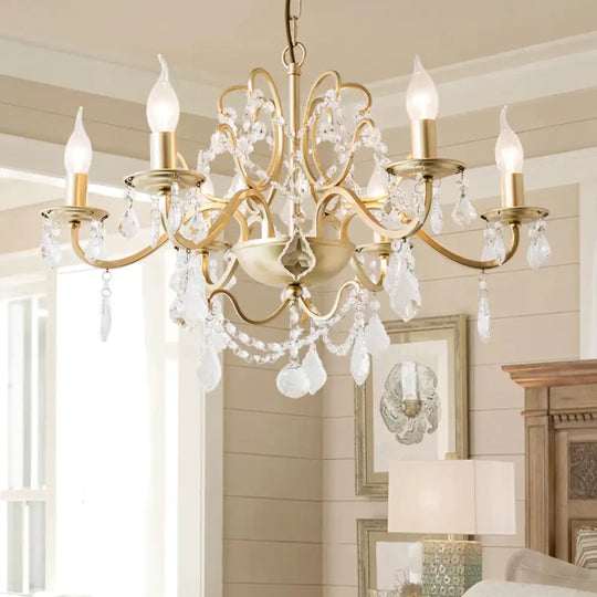 Rustic Curved Arm Chandelier Light Fixture 6/8 Lights Crystal Pendant Lighting In Gold For Bedroom