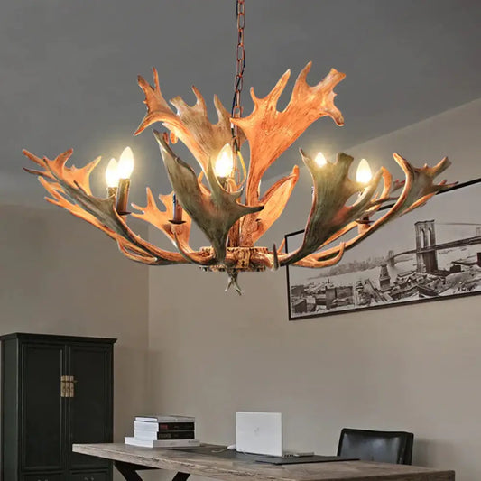 Rustic Deer Antler Ceiling Chandelier 8 Heads Resin Suspension Pendant Light In Brown For Restaurant