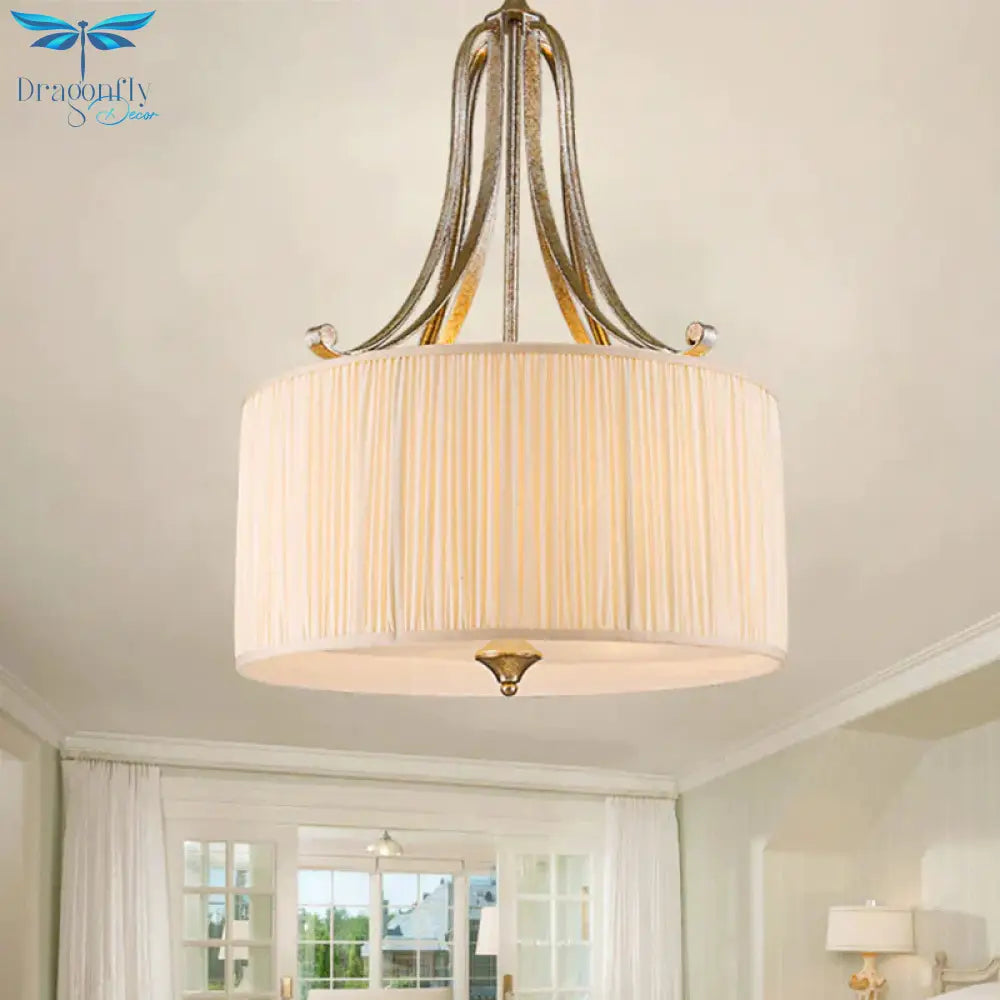 Rustic Drum Shade Chandelier Light Fixture 4 Heads Fabric Pendant Lighting In White For Living Room