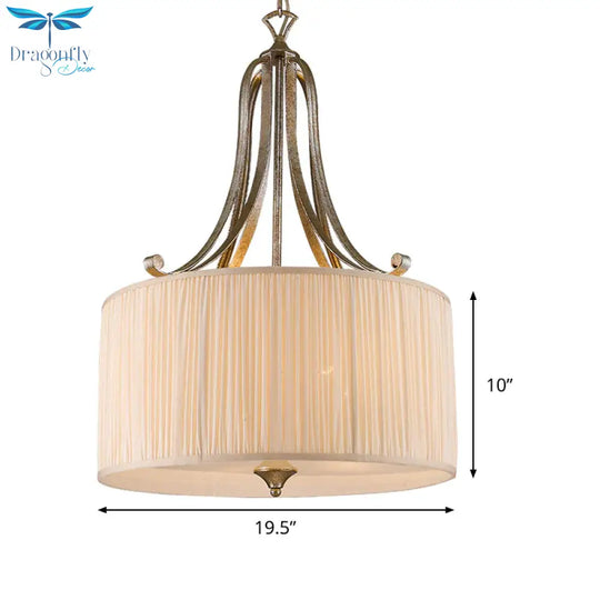 Rustic Drum Shade Chandelier Light Fixture 4 Heads Fabric Pendant Lighting In White For Living Room