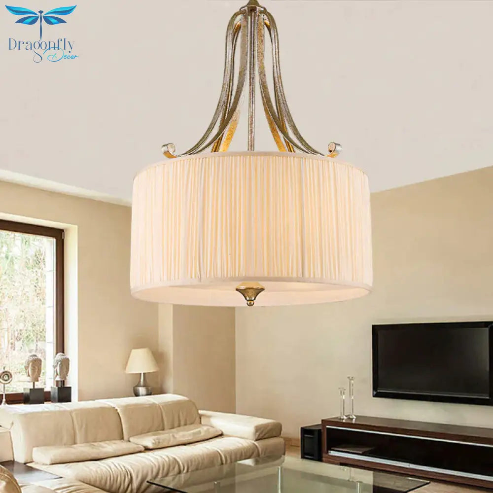 Rustic Drum Shade Chandelier Light Fixture 4 Heads Fabric Pendant Lighting In White For Living Room