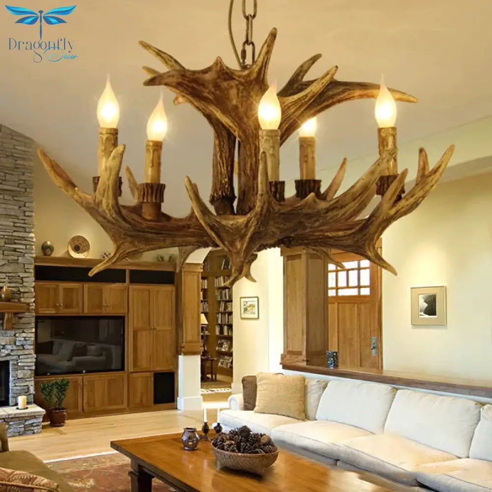Rustic Faux Antler Ceiling Chandelier 5 Heads Resin Hanging Pendant Light In Brown For Living Room