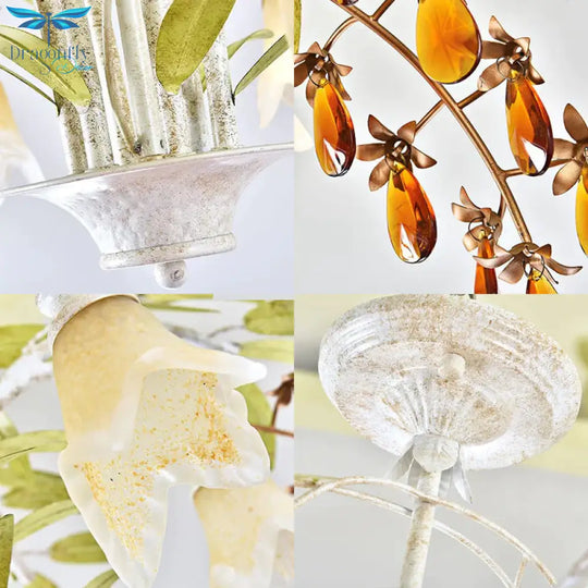 Rustic Flower Chandelier Light 3/6 Lights White Glass Hanging With Amber Crystal Decoration