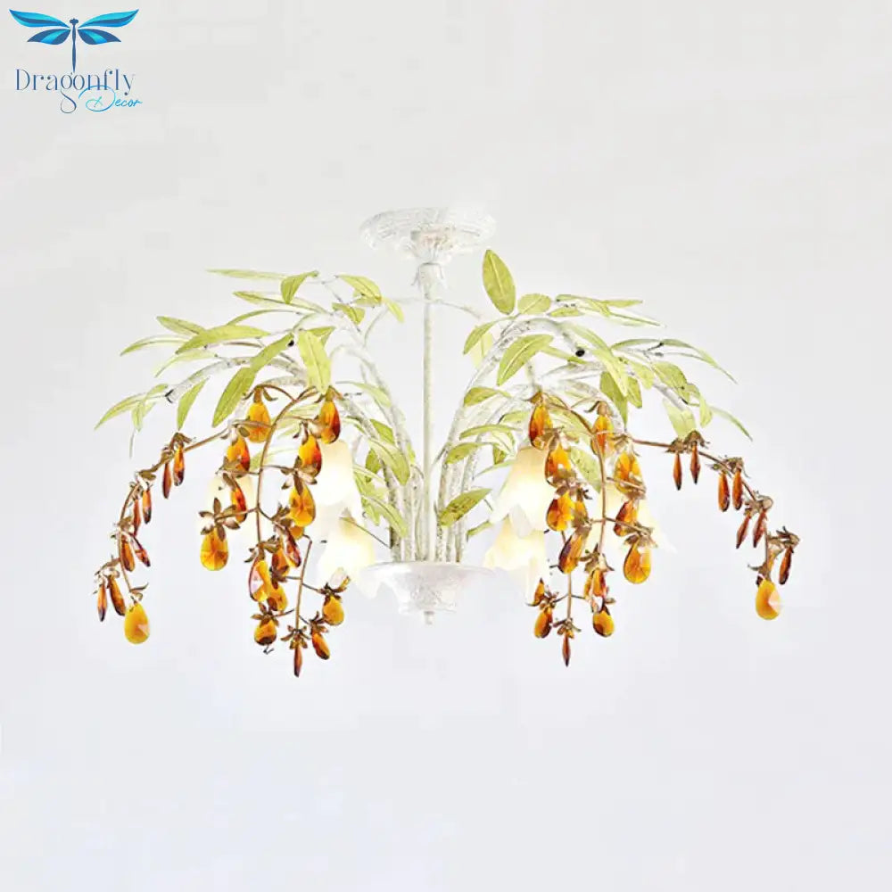 Rustic Flower Chandelier Light 3/6 Lights White Glass Hanging With Amber Crystal Decoration