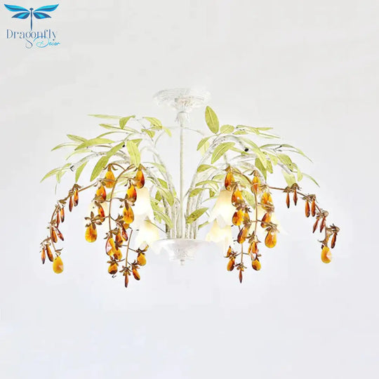 Rustic Flower Chandelier Light 3/6 Lights White Glass Hanging With Amber Crystal Decoration