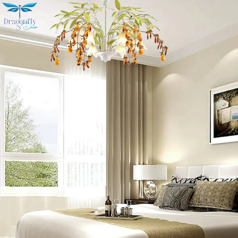 Rustic Flower Chandelier Light 3/6 Lights White Glass Hanging With Amber Crystal Decoration