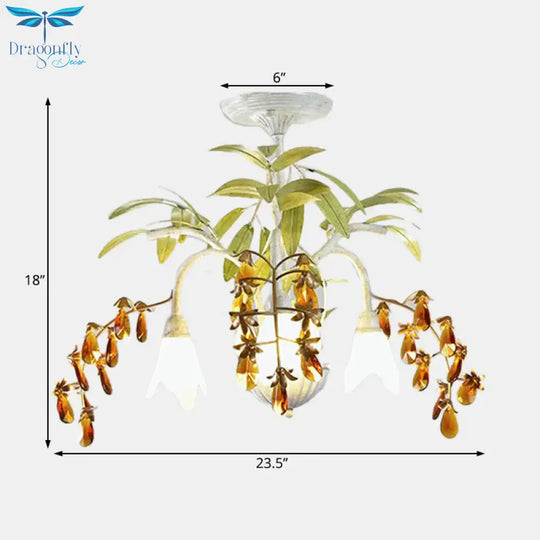 Rustic Flower Chandelier Light 3/6 Lights White Glass Hanging With Amber Crystal Decoration