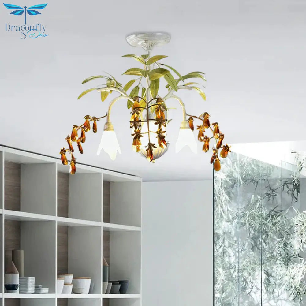 Rustic Flower Chandelier Light 3/6 Lights White Glass Hanging With Amber Crystal Decoration
