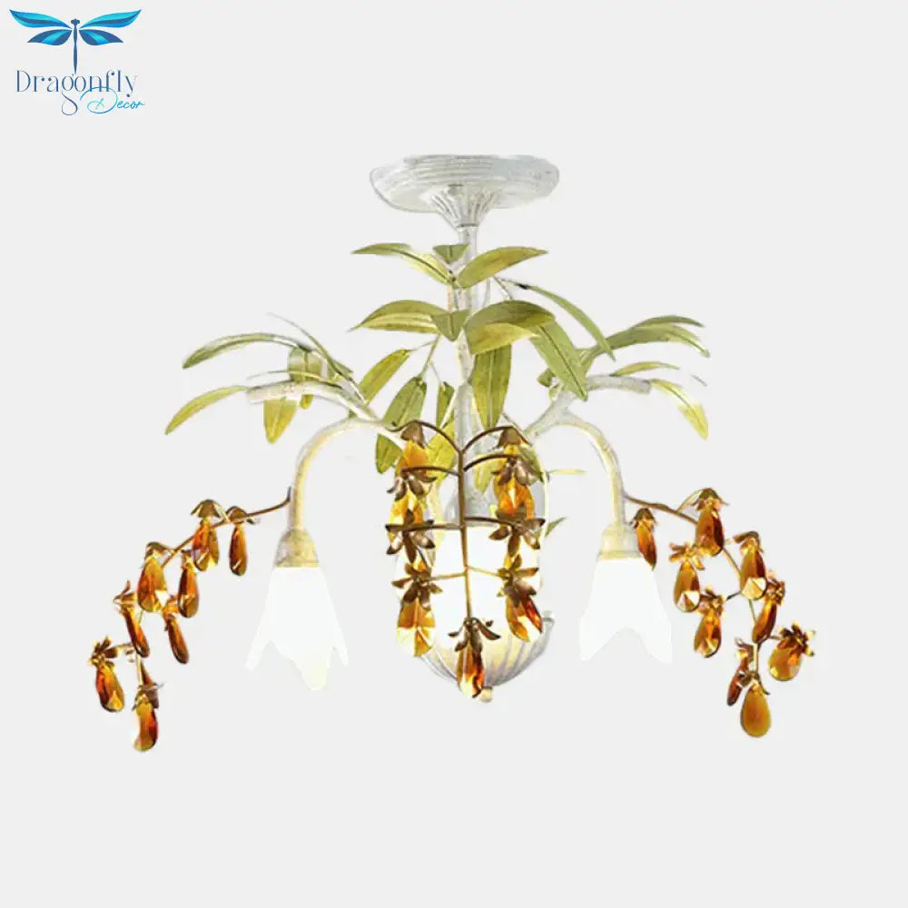 Rustic Flower Chandelier Light 3/6 Lights White Glass Hanging With Amber Crystal Decoration