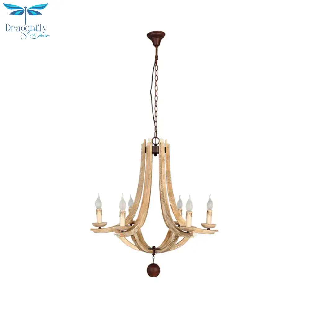 Rustic Laser - Cut Hanging Chandelier Wood 6 Bulbs Suspension Light In Beige For Bedroom