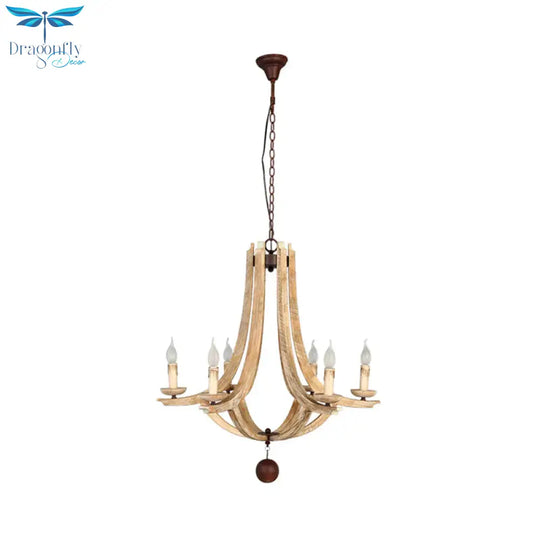 Rustic Laser - Cut Hanging Chandelier Wood 6 Bulbs Suspension Light In Beige For Bedroom