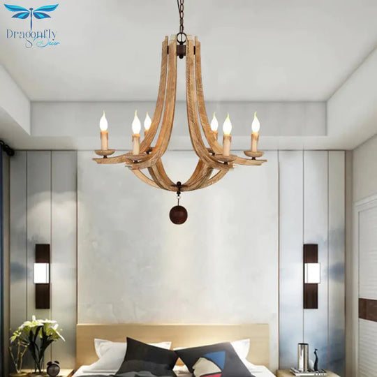 Rustic Laser - Cut Hanging Chandelier Wood 6 Bulbs Suspension Light In Beige For Bedroom
