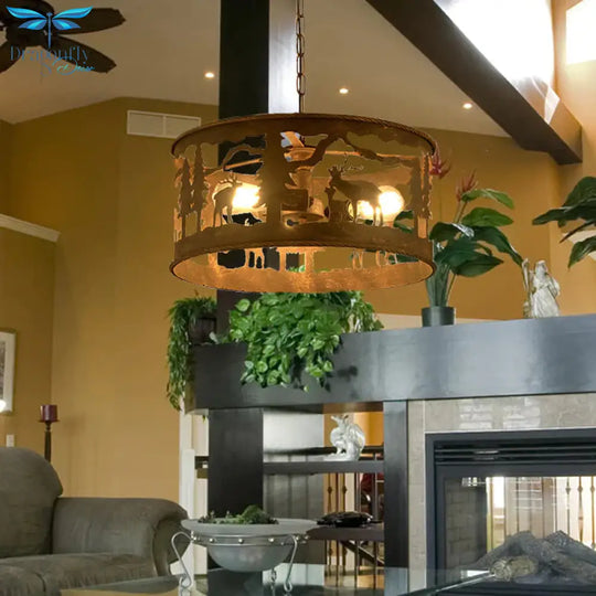 Rustic Metal 3 Lights Pendant Light Fixture For Living Room With Round Canopy
