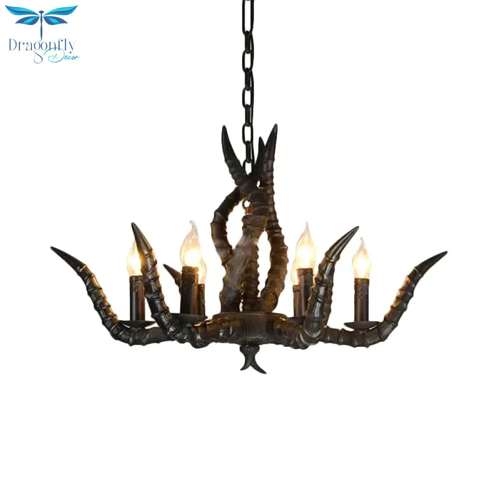 Rustic Sheep Horn Hanging Pendant 6 Lights Resin Ceiling Chandelier In Black For Restaurant