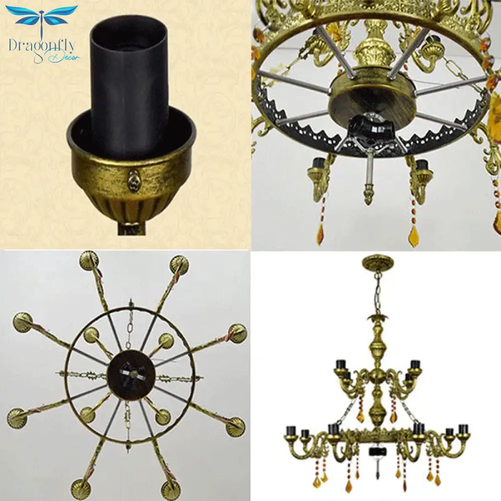 Rustic Stained Glass 12 Arms Parrot Suspension Light Chandelier Center Bowl In Yellow