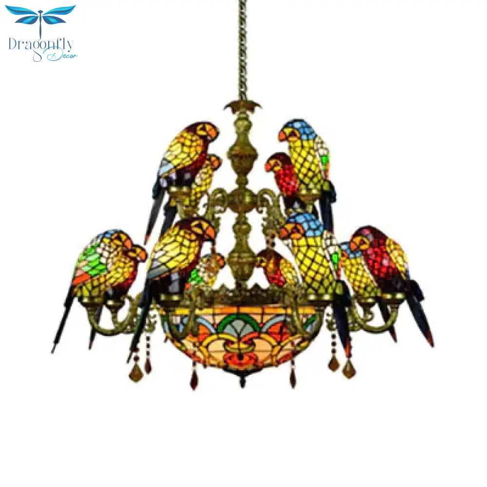 Rustic Stained Glass 12 Arms Parrot Suspension Light Chandelier Center Bowl In Yellow