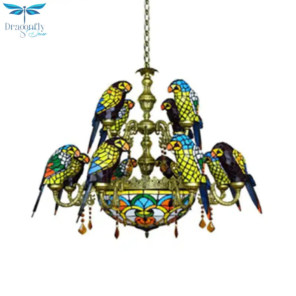 Rustic Stained Glass 12 Arms Parrot Suspension Light Chandelier Center Bowl In Yellow