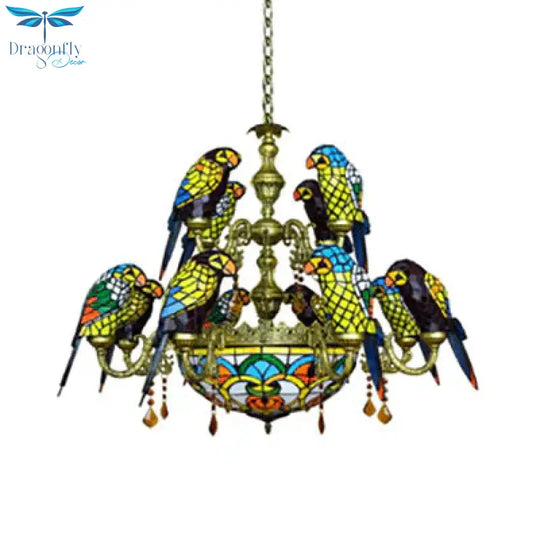 Rustic Stained Glass 12 Arms Parrot Suspension Light Chandelier Center Bowl In Yellow