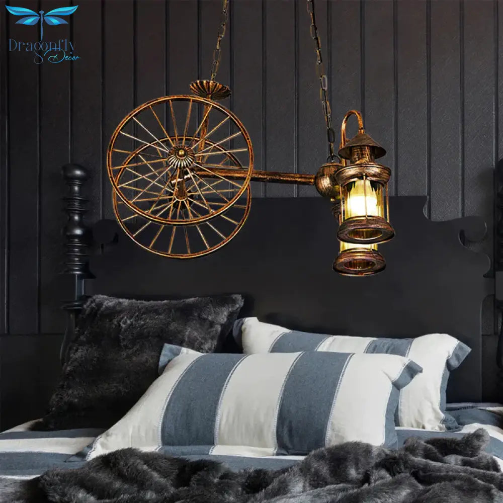 Rustic Stylish Wheel Design Hanging Lamp With Lantern Shade 2 Lights Metal Chandelier Lighting In