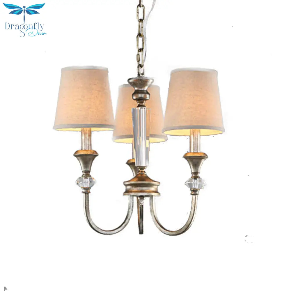 Rustic Tapered Ceiling Lamp 3/6 Lights Fabric Chandelier Light Fixture In Aged Silver For Living