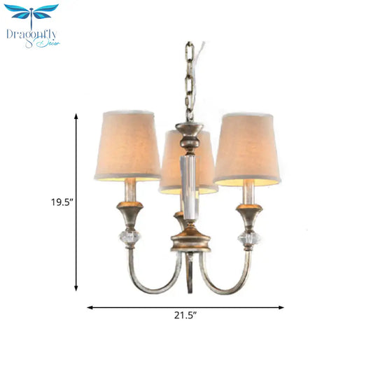Rustic Tapered Ceiling Lamp 3/6 Lights Fabric Chandelier Light Fixture In Aged Silver For Living
