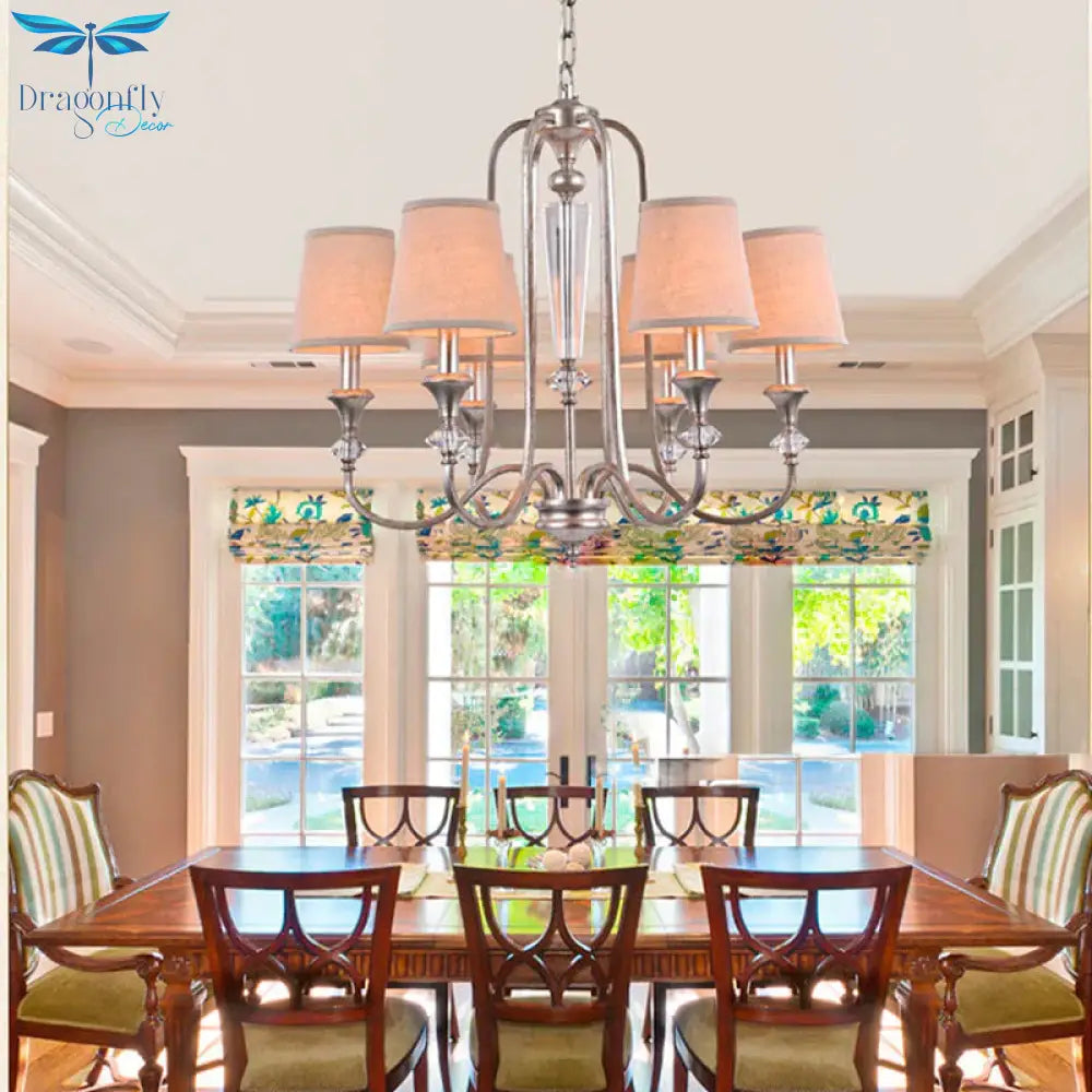 Rustic Tapered Ceiling Lamp 3/6 Lights Fabric Chandelier Light Fixture In Aged Silver For Living