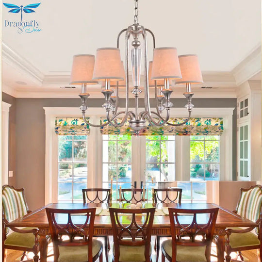 Rustic Tapered Ceiling Lamp 3/6 Lights Fabric Chandelier Light Fixture In Aged Silver For Living