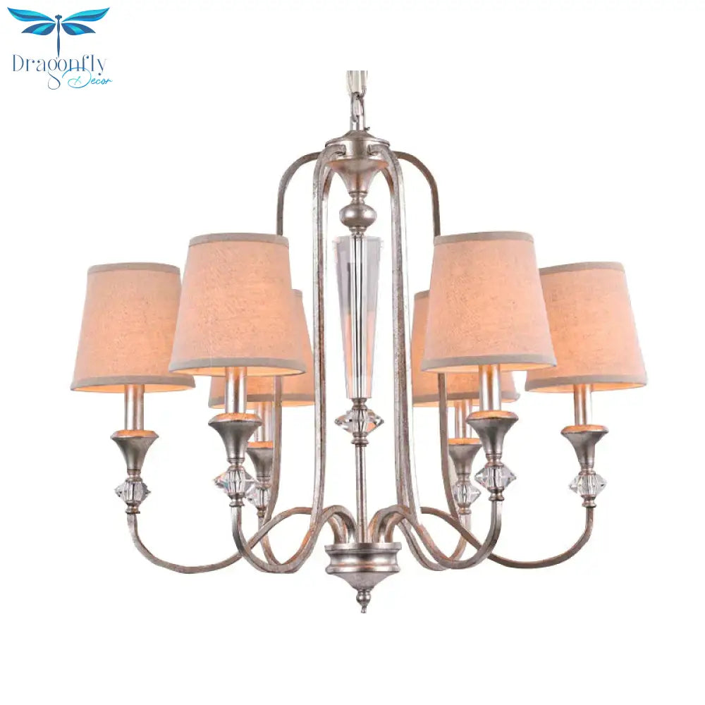 Rustic Tapered Ceiling Lamp 3/6 Lights Fabric Chandelier Light Fixture In Aged Silver For Living