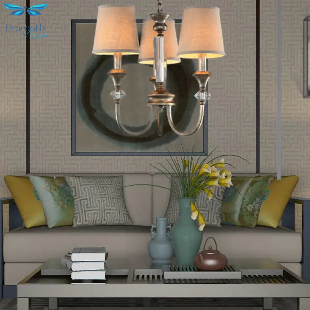 Rustic Tapered Ceiling Lamp 3/6 Lights Fabric Chandelier Light Fixture In Aged Silver For Living