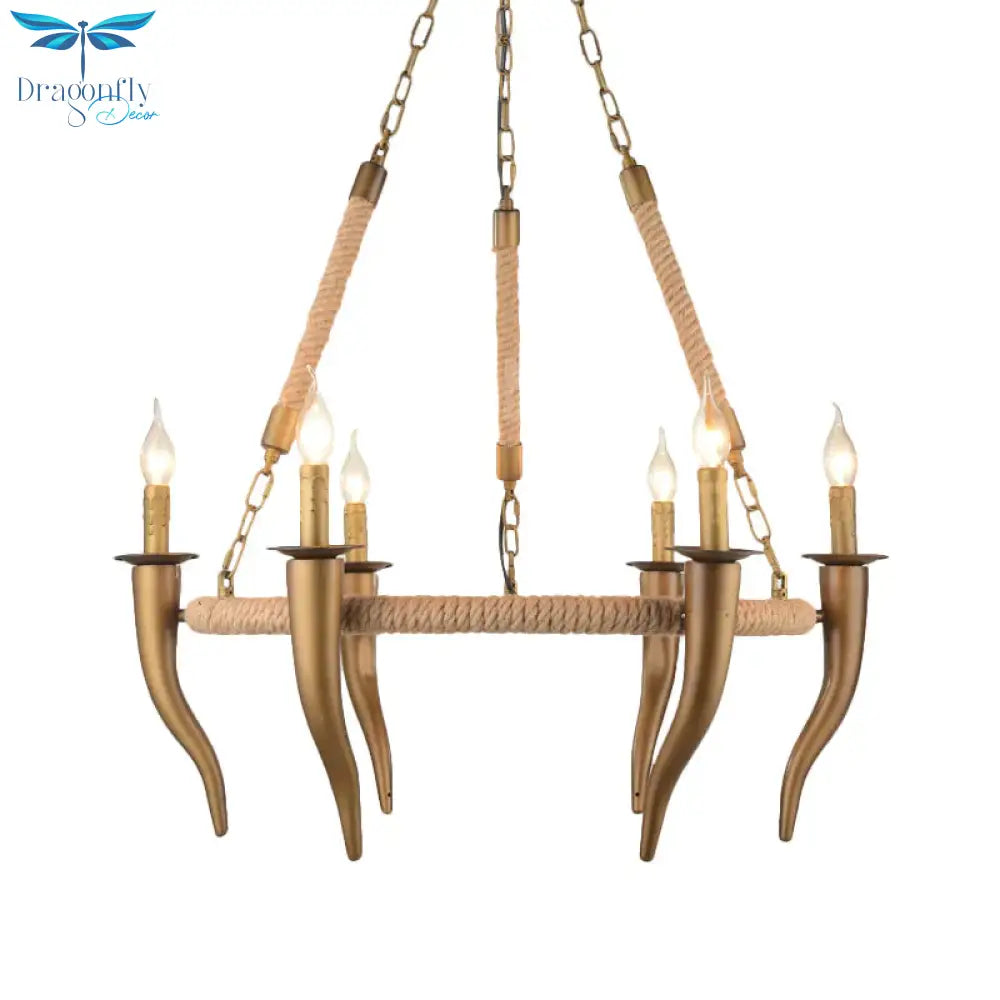 Rustic Wrapped Wagon Wheel Ceiling Pendant 3/6 - Light Khaki Metallic Chandelier Light With Ox Horn