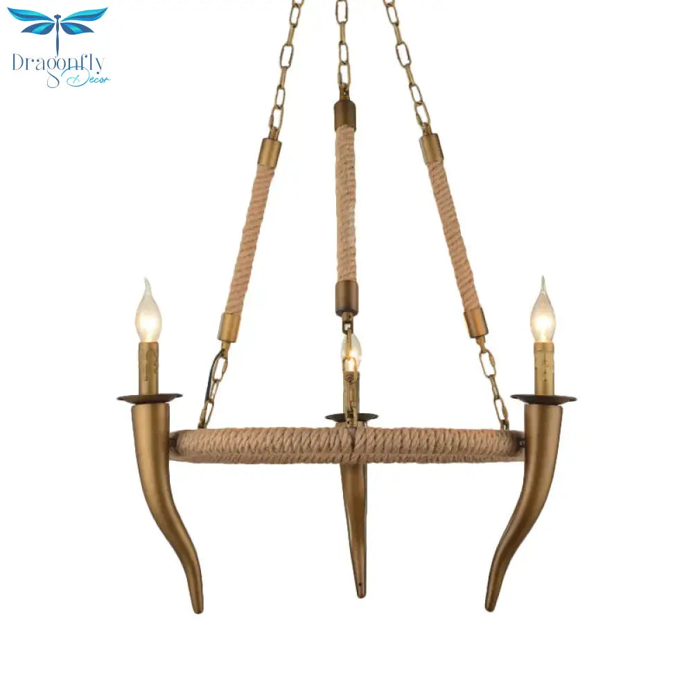 Rustic Wrapped Wagon Wheel Ceiling Pendant 3/6 - Light Khaki Metallic Chandelier Light With Ox Horn