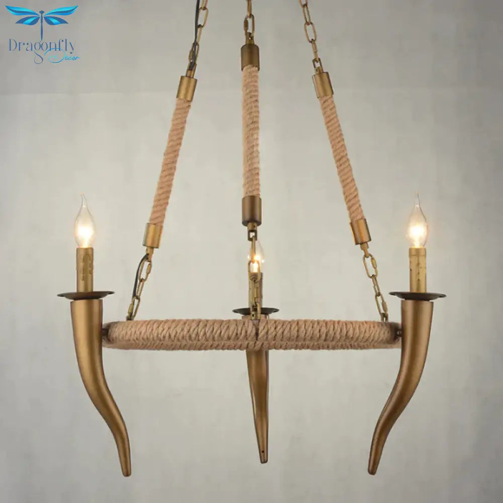 Rustic Wrapped Wagon Wheel Ceiling Pendant 3/6 - Light Khaki Metallic Chandelier Light With Ox Horn