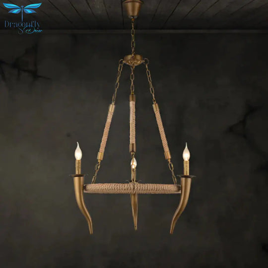 Rustic Wrapped Wagon Wheel Ceiling Pendant 3/6 - Light Khaki Metallic Chandelier Light With Ox Horn