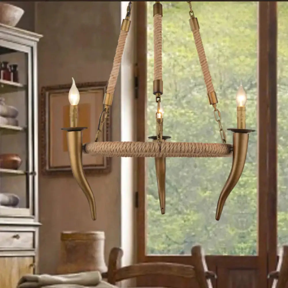 Rustic Wrapped Wagon Wheel Ceiling Pendant 3/6 - Light Khaki Metallic Chandelier Light With Ox Horn