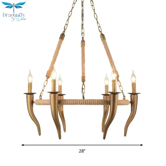 Rustic Wrapped Wagon Wheel Ceiling Pendant 3/6 - Light Khaki Metallic Chandelier Light With Ox Horn