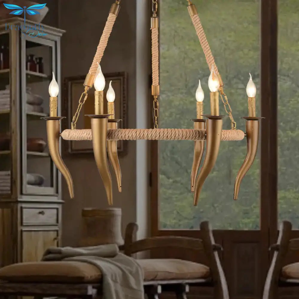 Rustic Wrapped Wagon Wheel Ceiling Pendant 3/6 - Light Khaki Metallic Chandelier Light With Ox Horn