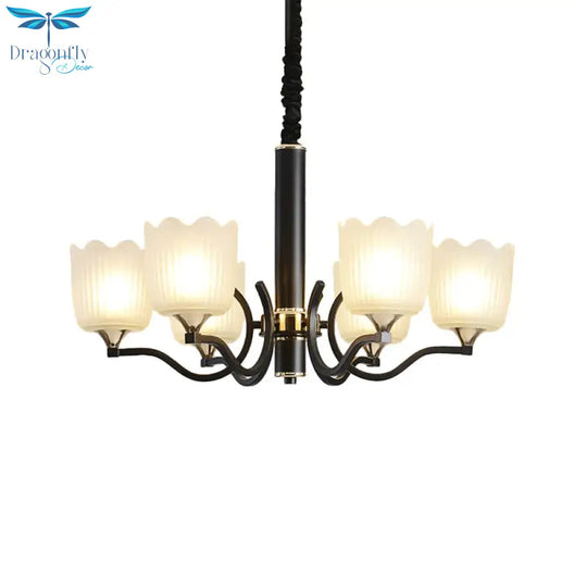 Scalloped Cup Shape Living Room Pendant Traditional Opal Ribbed Glass 3/6/8 - Bulb Black Ceiling