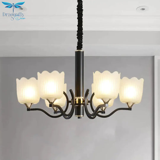 Scalloped Cup Shape Living Room Pendant Traditional Opal Ribbed Glass 3/6/8 - Bulb Black Ceiling