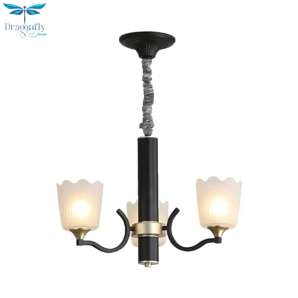 Scalloped Cup Shape Living Room Pendant Traditional Opal Ribbed Glass 3/6/8 - Bulb Black Ceiling