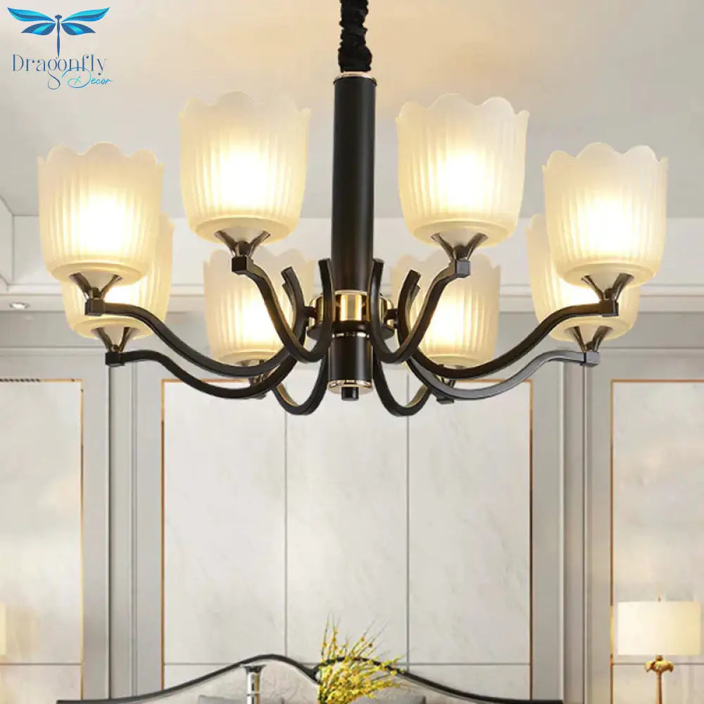 Scalloped Cup Shape Living Room Pendant Traditional Opal Ribbed Glass 3/6/8 - Bulb Black Ceiling