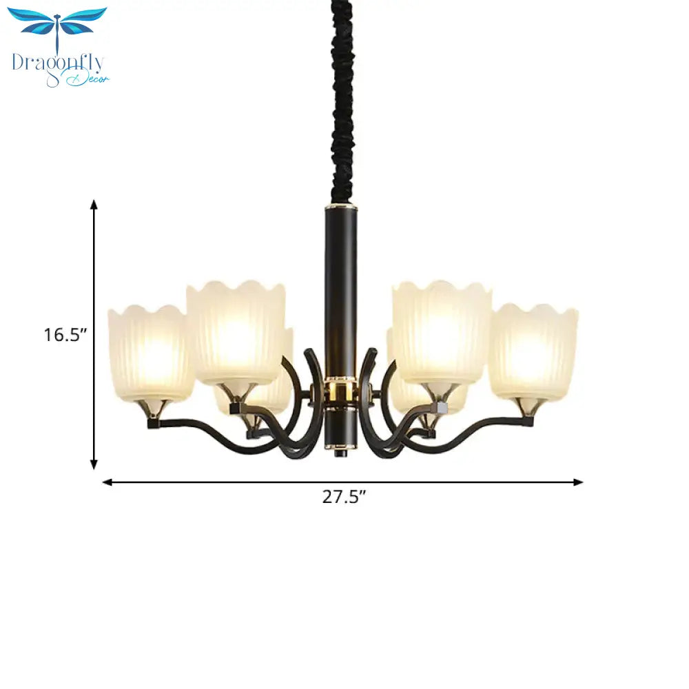 Scalloped Cup Shape Living Room Pendant Traditional Opal Ribbed Glass 3/6/8 - Bulb Black Ceiling