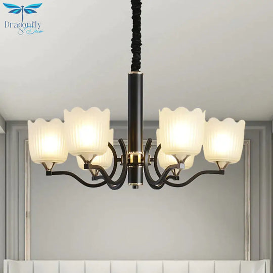 Scalloped Cup Shape Living Room Pendant Traditional Opal Ribbed Glass 3/6/8 - Bulb Black Ceiling