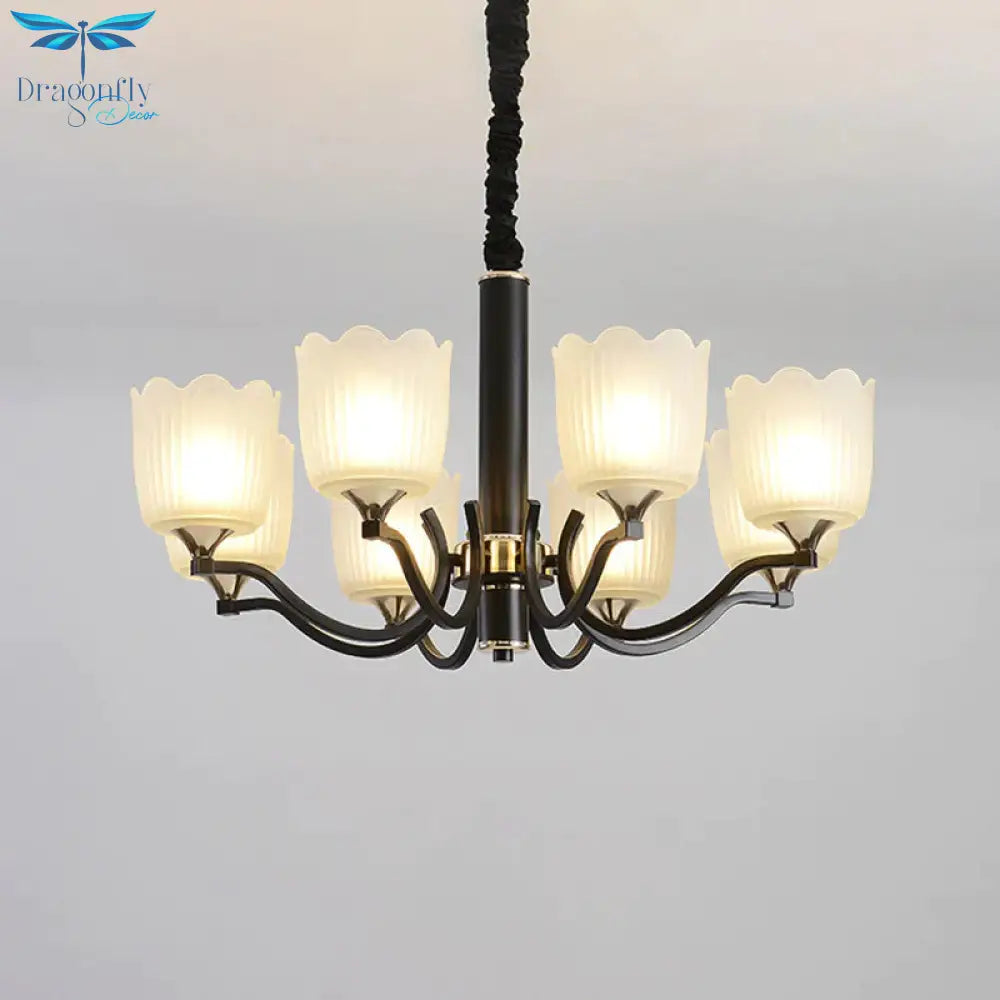 Scalloped Cup Shape Living Room Pendant Traditional Opal Ribbed Glass 3/6/8 - Bulb Black Ceiling