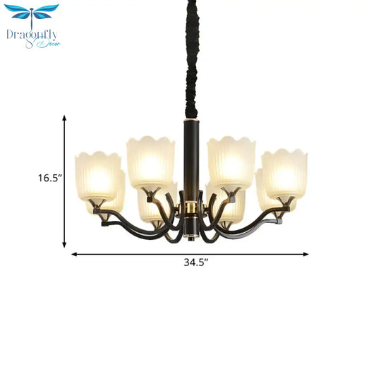 Scalloped Cup Shape Living Room Pendant Traditional Opal Ribbed Glass 3/6/8 - Bulb Black Ceiling